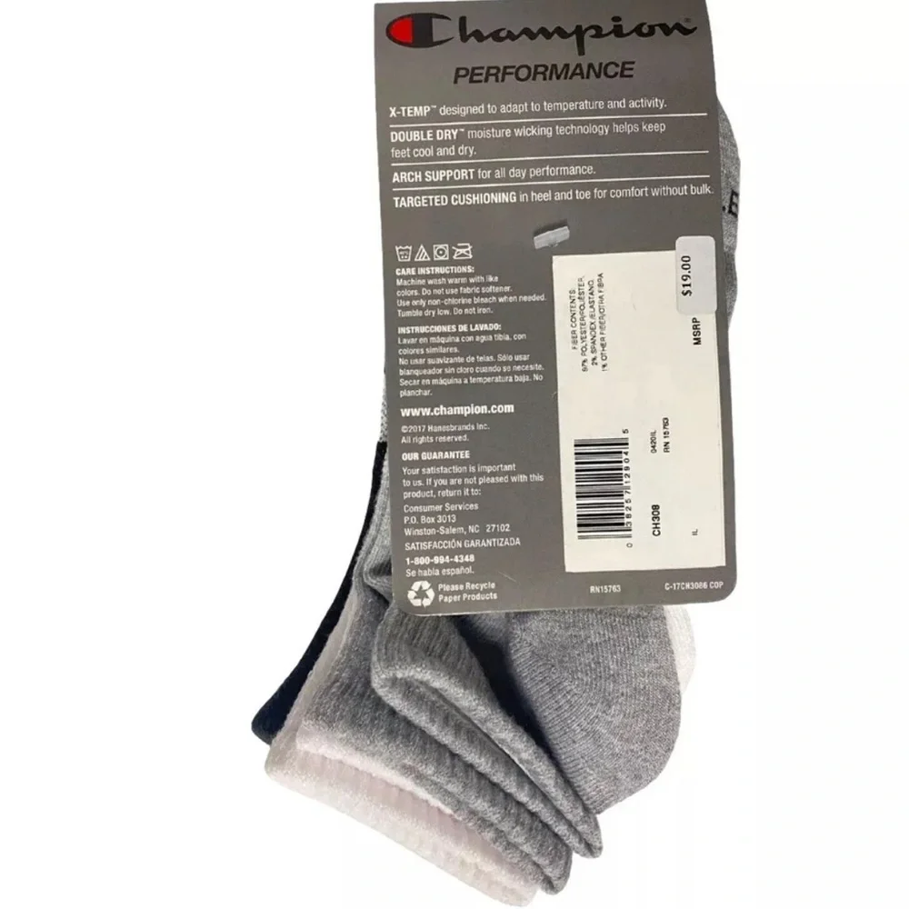 CHAMPION Women's X-Temp Performance Ankle Socks  6-Pack  Black Gray White
